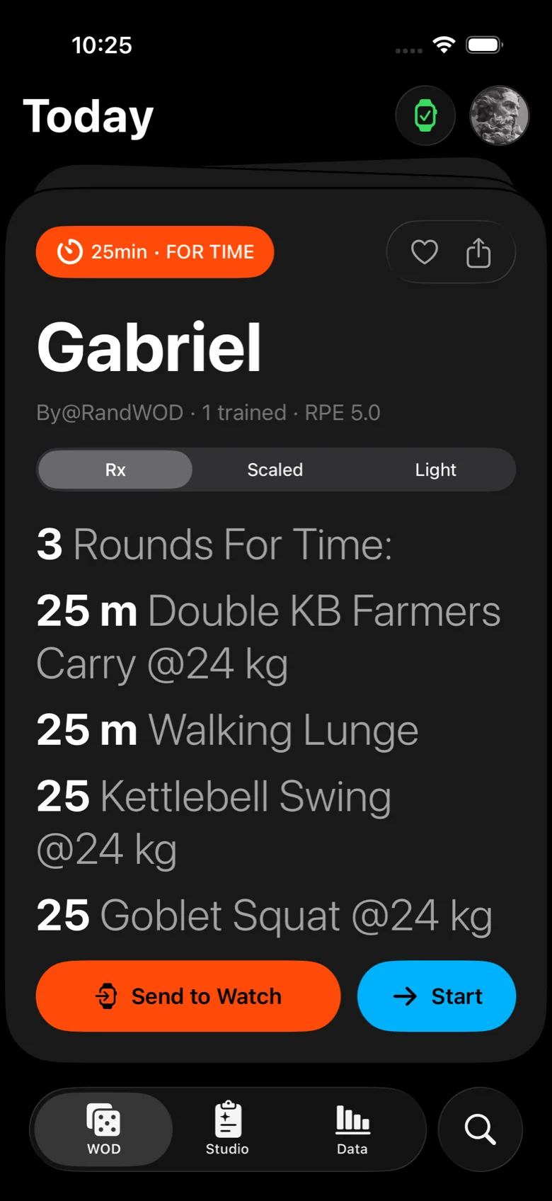 RandWOD deal page showing the WOD Gabriel with Send to Watch and Start