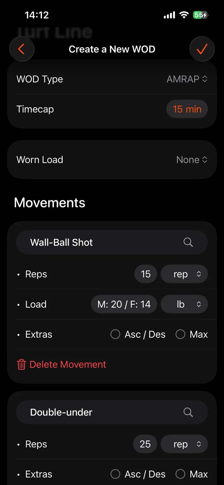 WOD editor with type, time cap and each movement's reps and load