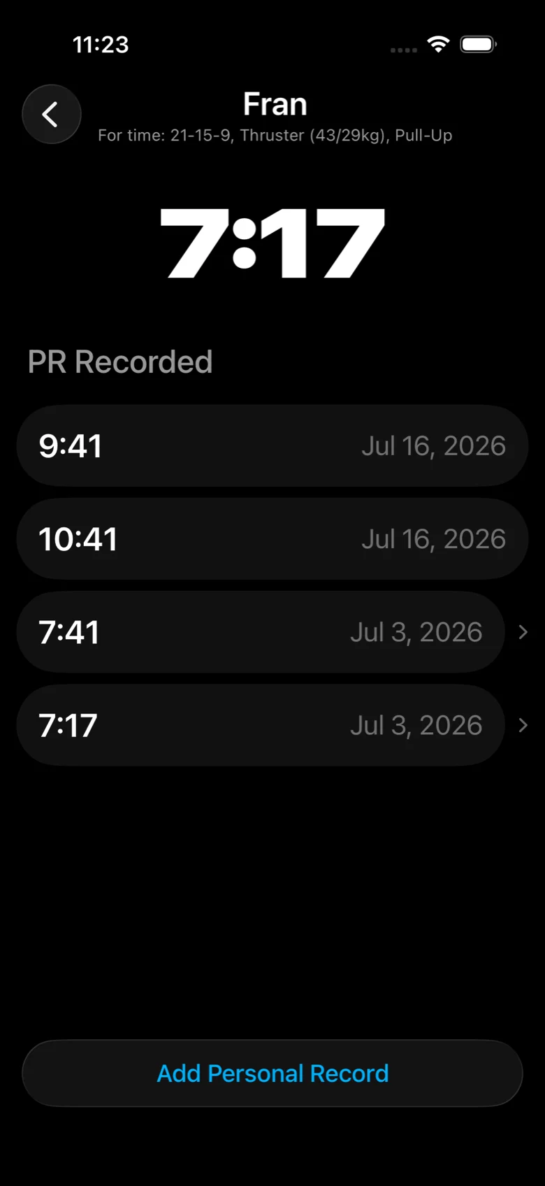 Fran personal-record list with four dated entries