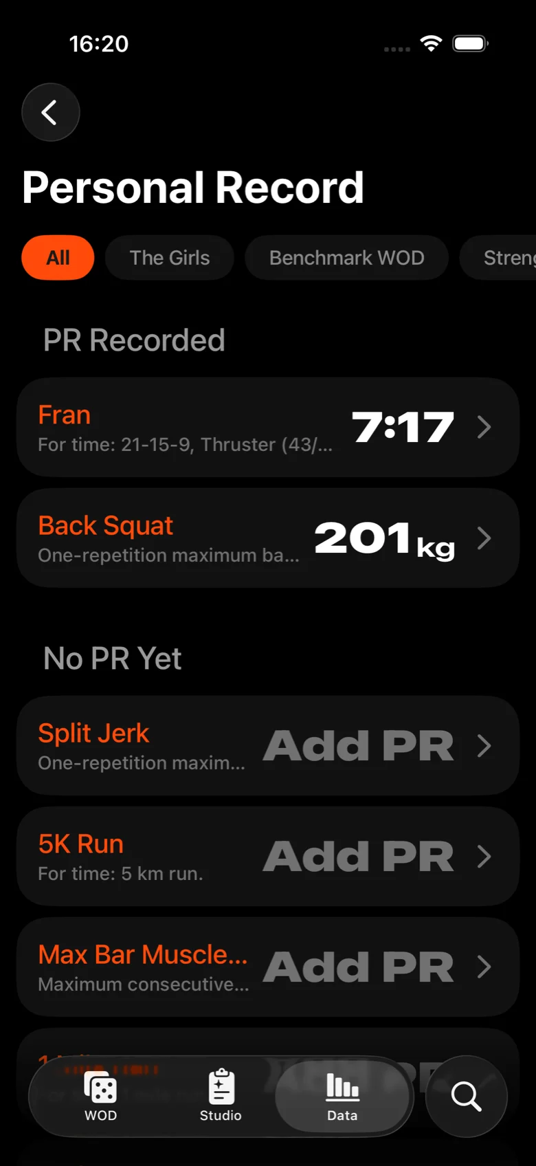 Personal Record board listing recorded PRs and lifts not yet attempted
