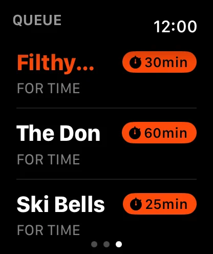 Apple Watch queue listing three WODs with their time caps