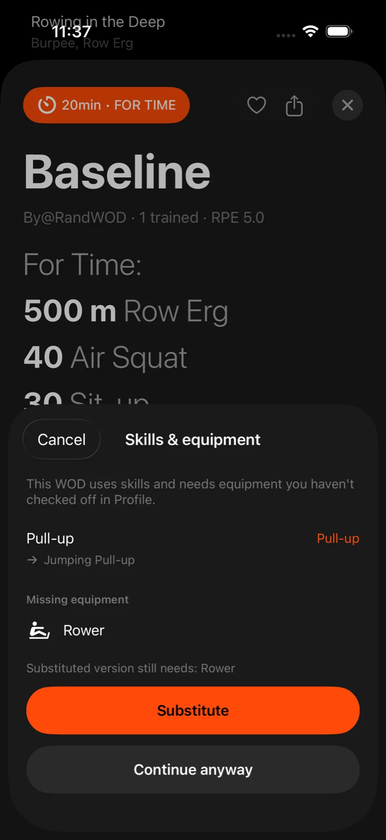 Skills and equipment sheet substituting Pull-up for Jumping Pull-up and flagging a missing rower